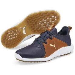 Puma Ignite Fasten8 Crafted Golf Shoes Navy Blazer/Gold/Leather Brown -Golf Equipment Shop puma ignite fasten8 crafted golf shoes navy blazer gold leather brown beauty itempicture